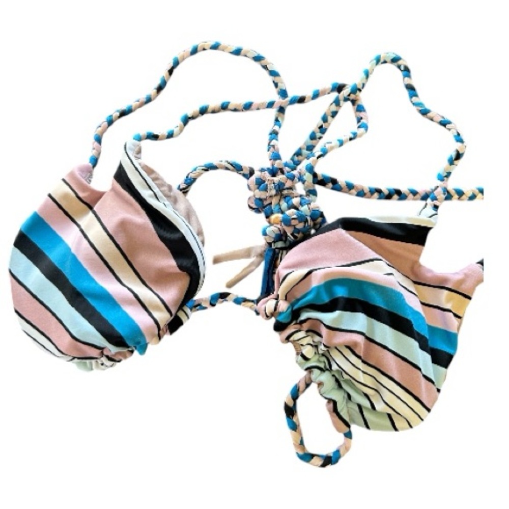 Bikini Lab striped bikini top braided straps blue pink black white